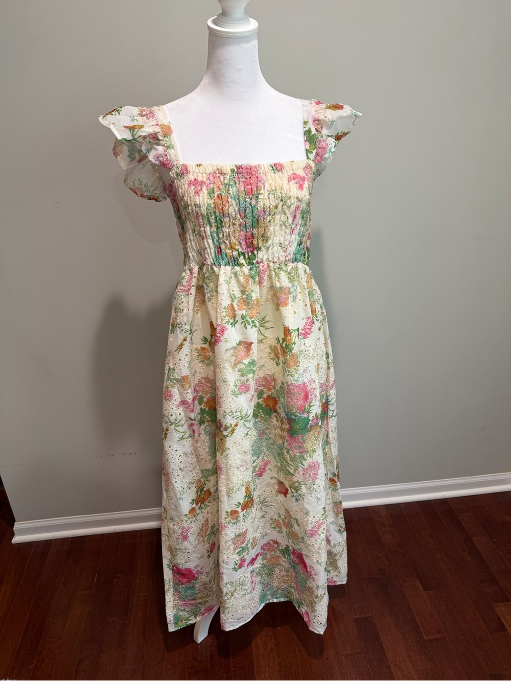 Floral Smocked Midi Dress - Cream Pink Green Eyelet